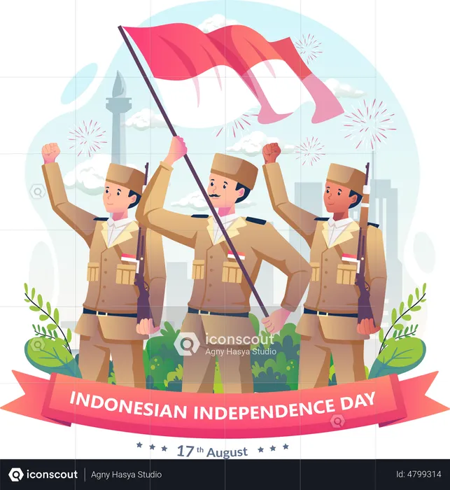 Indonesia soldiers with rifles and holding flag of Indonesia  Illustration