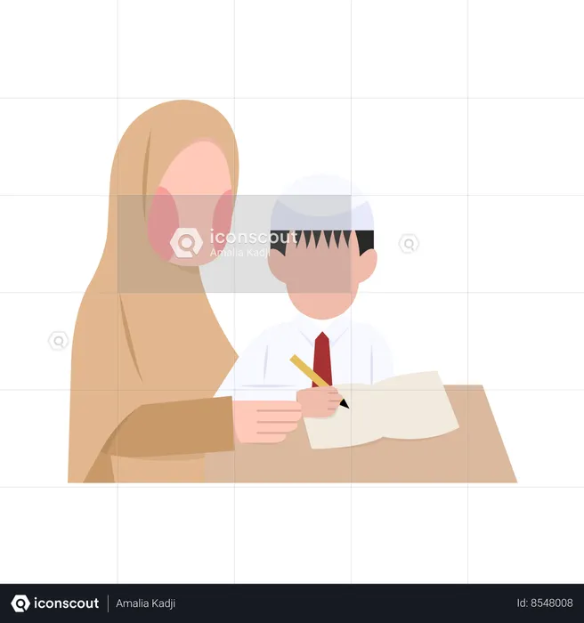 Indonesian Elementary islamic Teacher And Student  Illustration