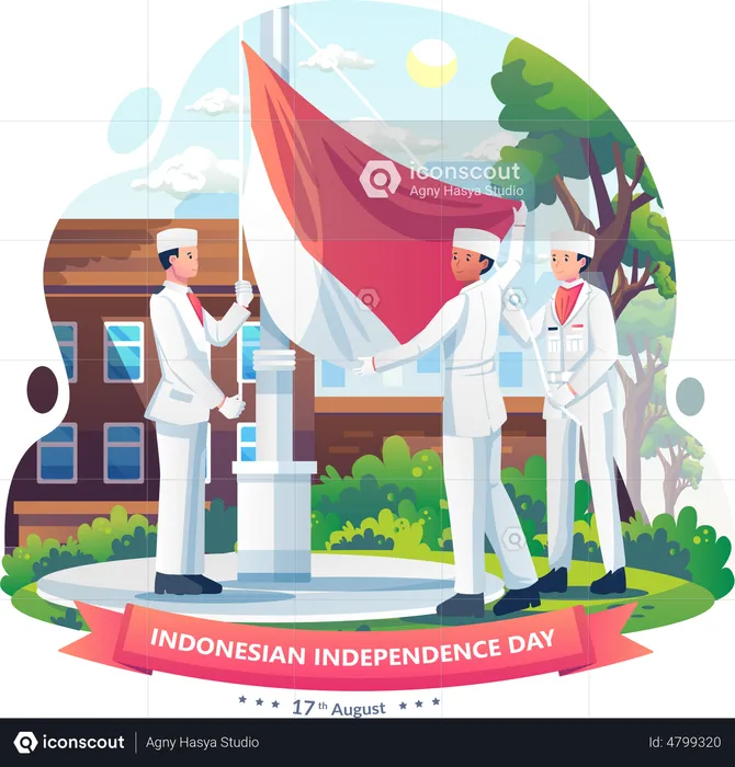 Indonesian people waving flags in the framework of Indonesian Independence Day ceremony  Illustration