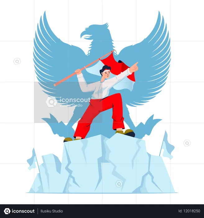 Indonesian youth waving red white flag  Illustration