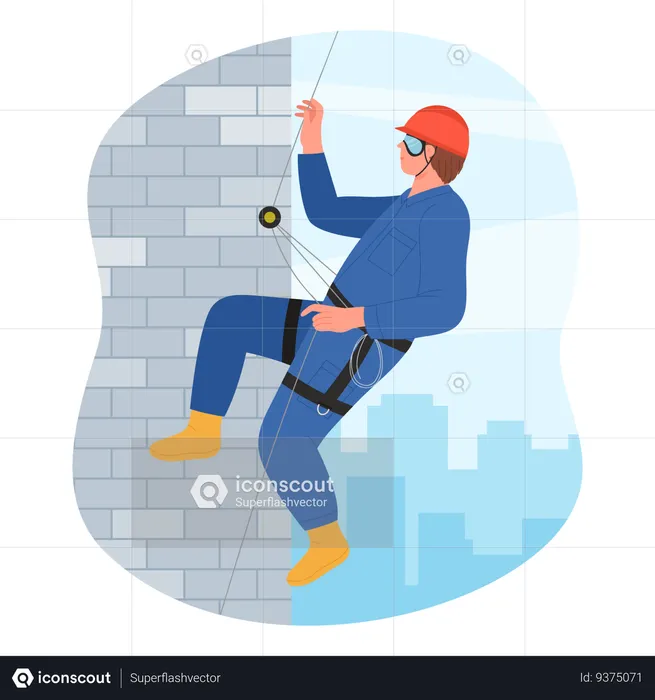 Industrial climber hanging high on facade  Illustration