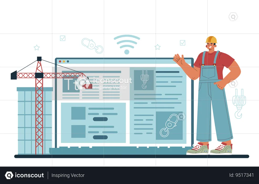 Industrial climber on to roof or billboard using cables  Illustration
