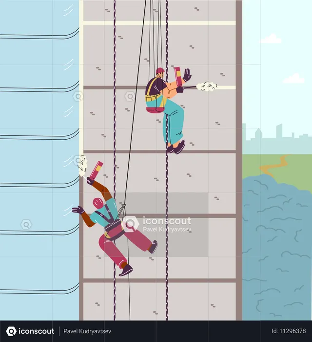 Industrial climbers in helmets, with insurance working on a high-rise building  Illustration