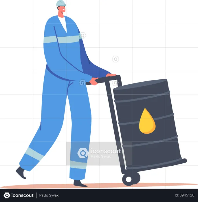 Industrial labor transporting oil can using wheelbarrow  Illustration