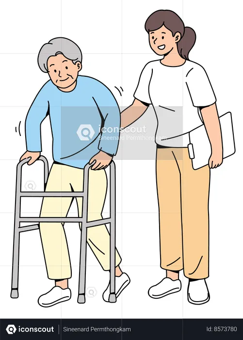 Infirmière Femme Marchant Homme Senior  Illustration