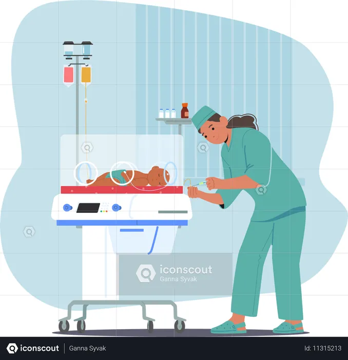 Infirmière fournissant des soins néonatals intensifs à un bébé prématuré dans une couveuse, unité de thérapie intensive  Illustration