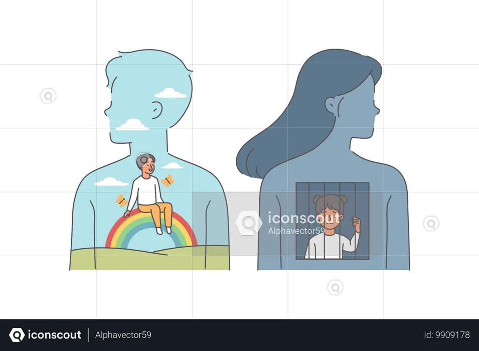 Influence childhood on psychological health of man and woman who experienced happy and unhappy youth  Illustration