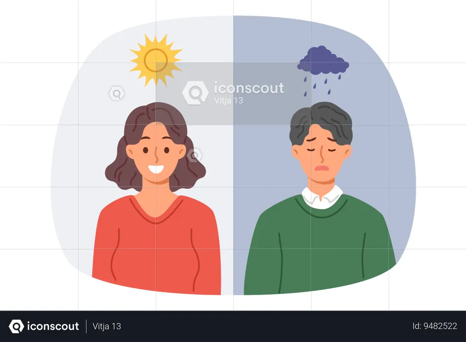 Influence climate on mood causes joy in woman during sunny weather or sadness in guy when it rains  Illustration