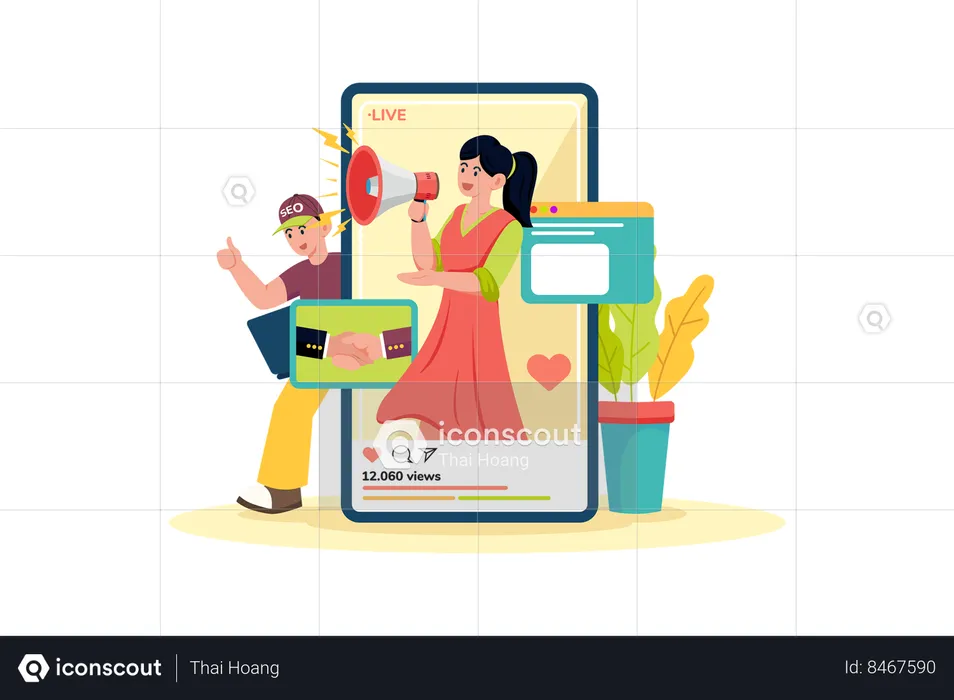 Influencer marketer collaborating for SEO boost  Illustration