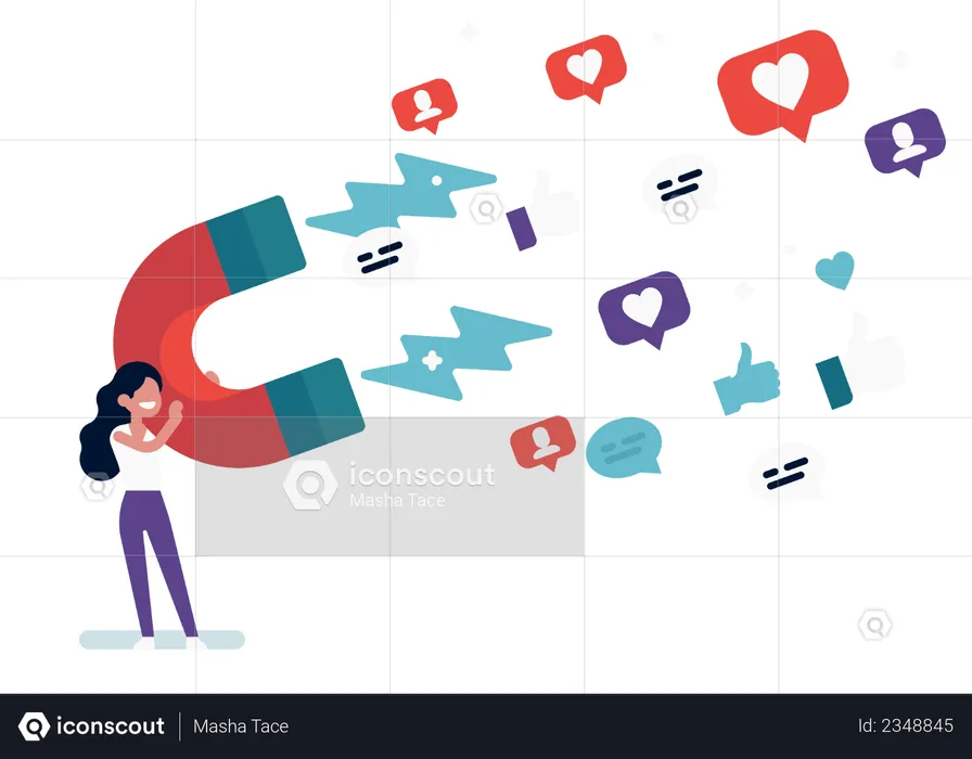 Influencer woman holding giant magnet attracting likes, followers and comments  Illustration