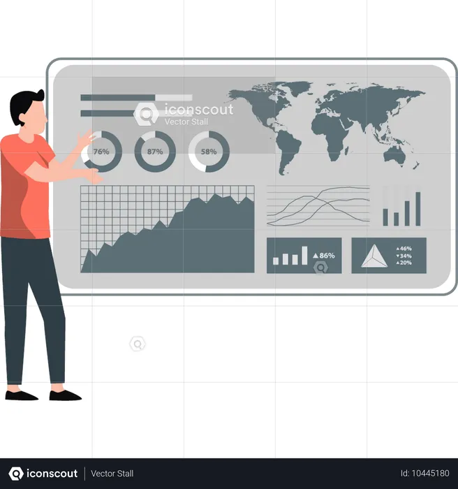 Joven hablando sobre datos infográficos mundiales  Ilustración