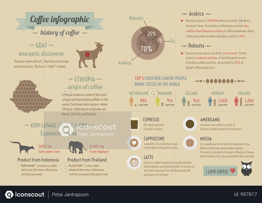 Storia del caffè, infografica, stile retrò e pastello  Illustration