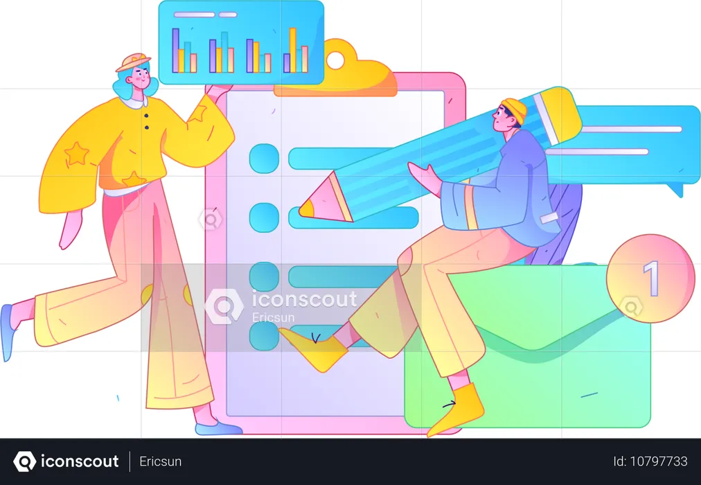 Niña y mujer haciendo informe de marketing  Ilustración