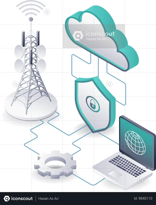 Infraestructura de torres y tecnología de servidores en la nube en redes de información globales  Ilustración