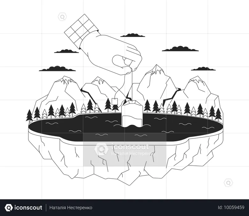 Tremper un sachet de thé dans un lac de montagne  Illustration