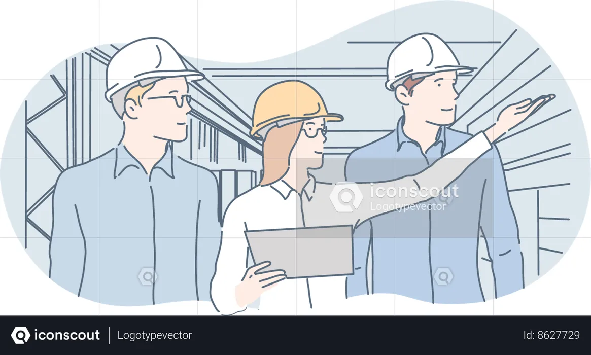 El ingeniero dirige a otros trabajadores de la construcción.  Ilustración