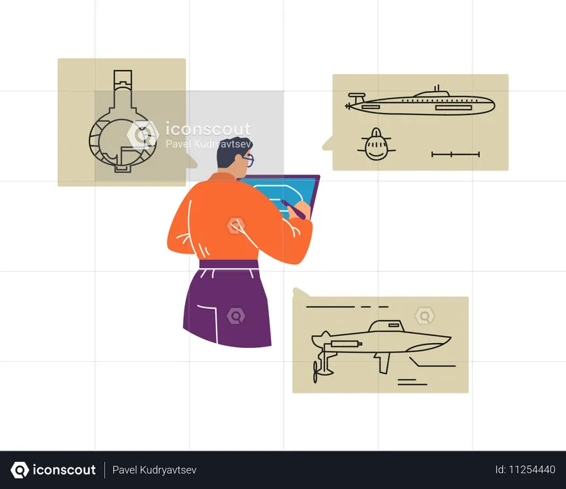 Ingeniero naval trabajando en dibujos de submarinos  Ilustración