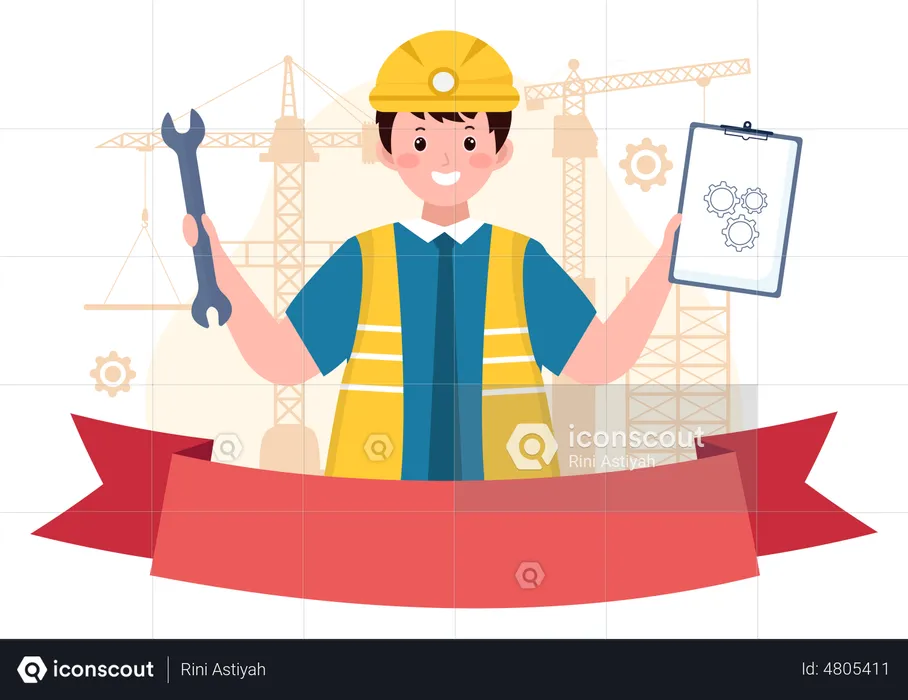 Ingenieros con llave y plan de construcción.  Ilustración