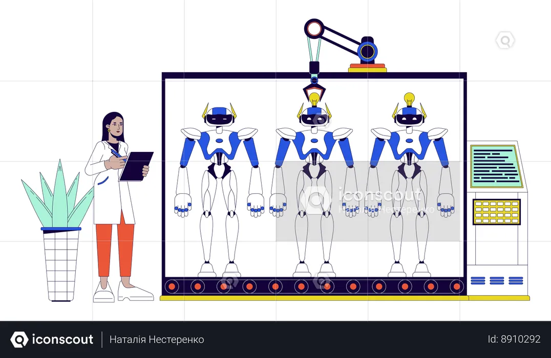 Ingénieur contrôlant les machines sur le convoyeur  Illustration