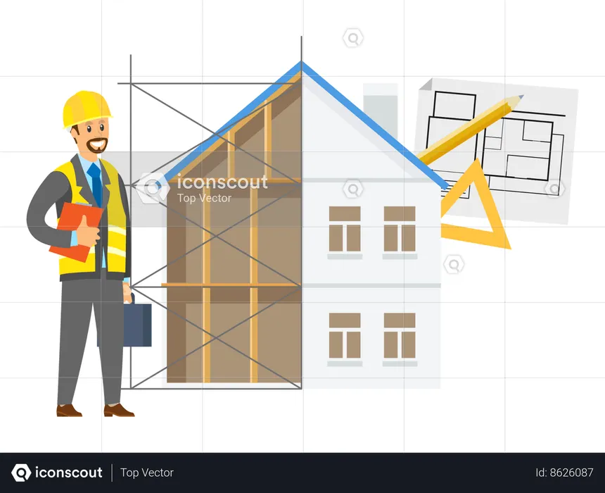 Ingénieur debout à côté du chantier de construction  Illustration