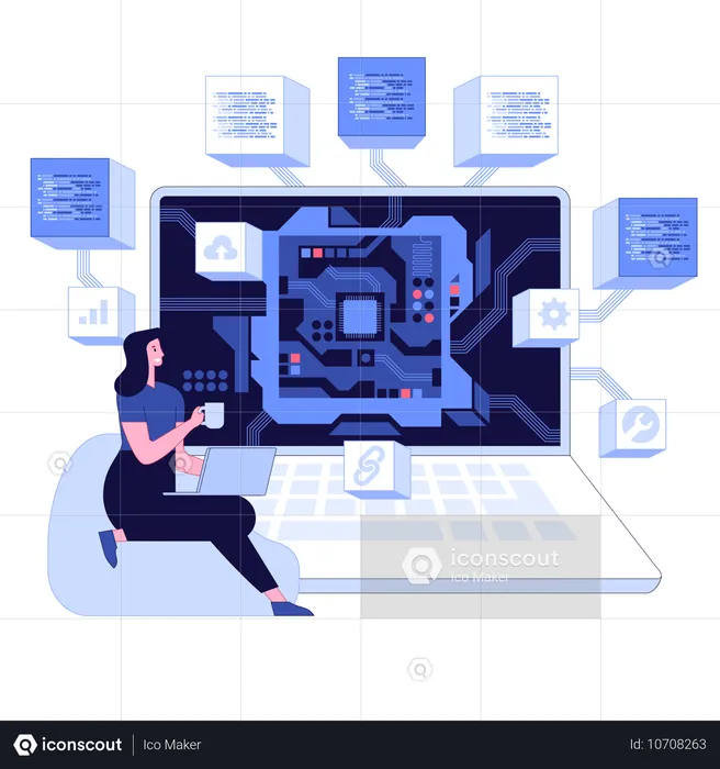 Ingénieur professionnel utilise un ordinateur portable pour afficher la technologie du processeur d'ordinateur à puce numérique abstraite CPU  Illustration