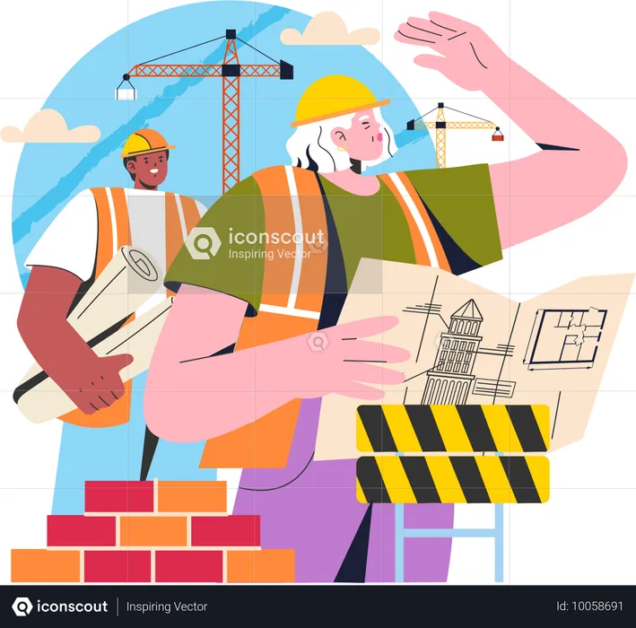 L'ingénieur travaille sur le chantier de construction  Illustration