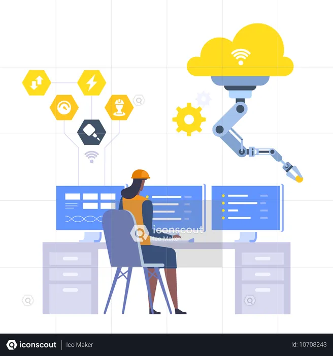 Ingenieurin arbeitet an Computern in der Smart Industry  Illustration