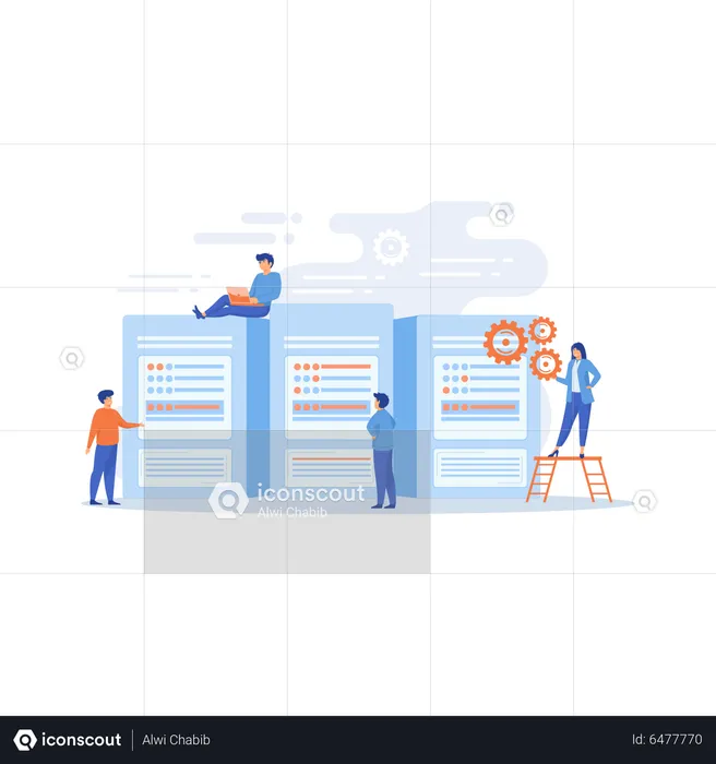 Ingénieurs et administrateurs de centres de données travaillant avec des serveurs  Illustration