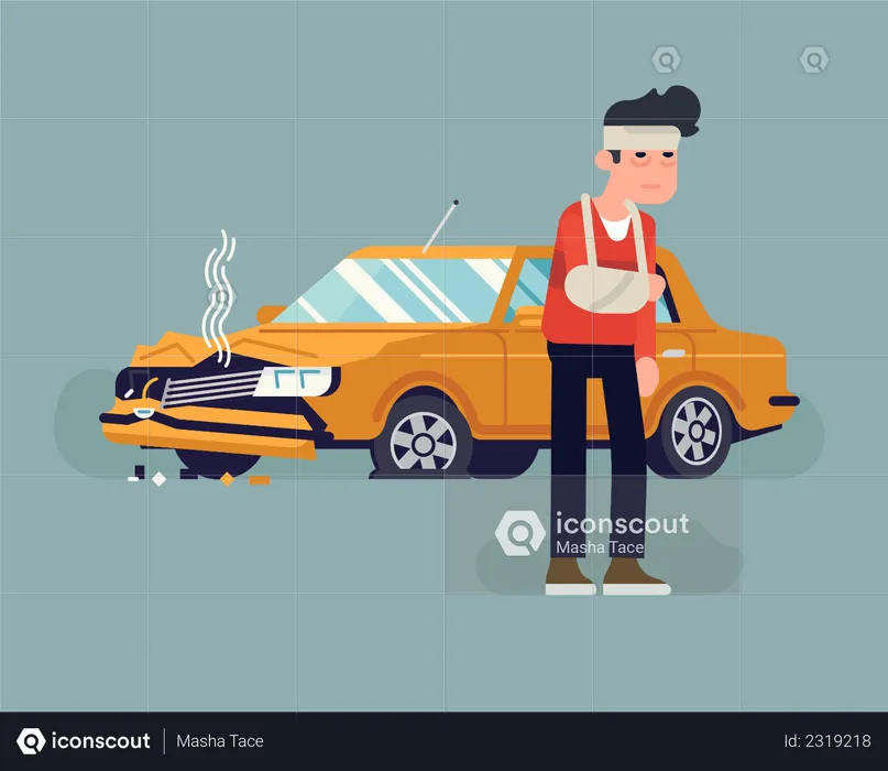 Injured car accident driver standing in front of his wrecked car  Illustration