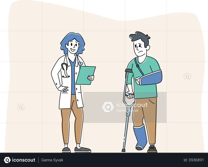 Injured Man with Broken Leg and Hand Communicate with Doctor  Illustration