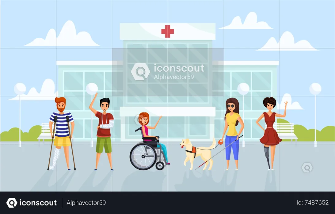 Injured people outside hospital  Illustration