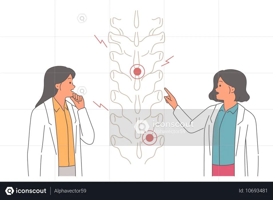 두 명의 의사가 부상당한 척추를 검사합니다.  일러스트레이션