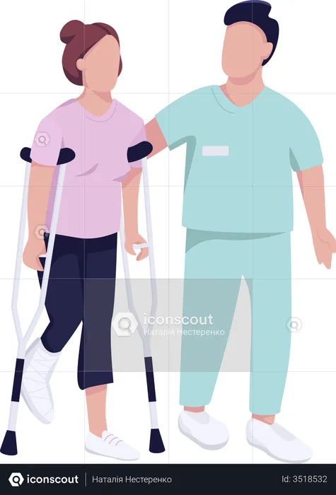 Injured woman on crutches and doctor  Illustration