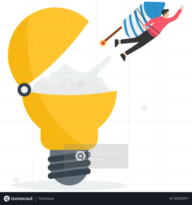 Innovation pour lancer de nouvelles idées, entrepreneuriat ou startup, créativité pour démarrer une entreprise ou un concept d'idée révolutionnaire, lancement de fusée innovant volant haut depuis l'ouverture d'une idée d'ampoule lumineuse  Illustration