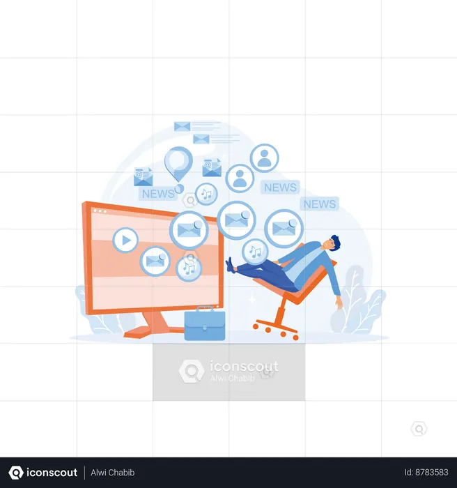 Input overloading. Information overload concept. Young man falls from a chair under the pressure of information from a laptop,  Illustration