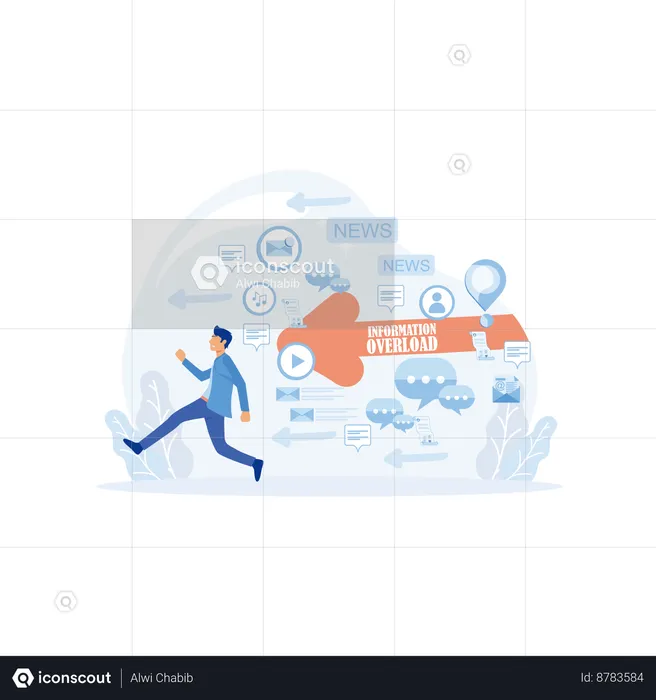 Input overloading. Information overload concept. Young man running away from information stream.  Illustration