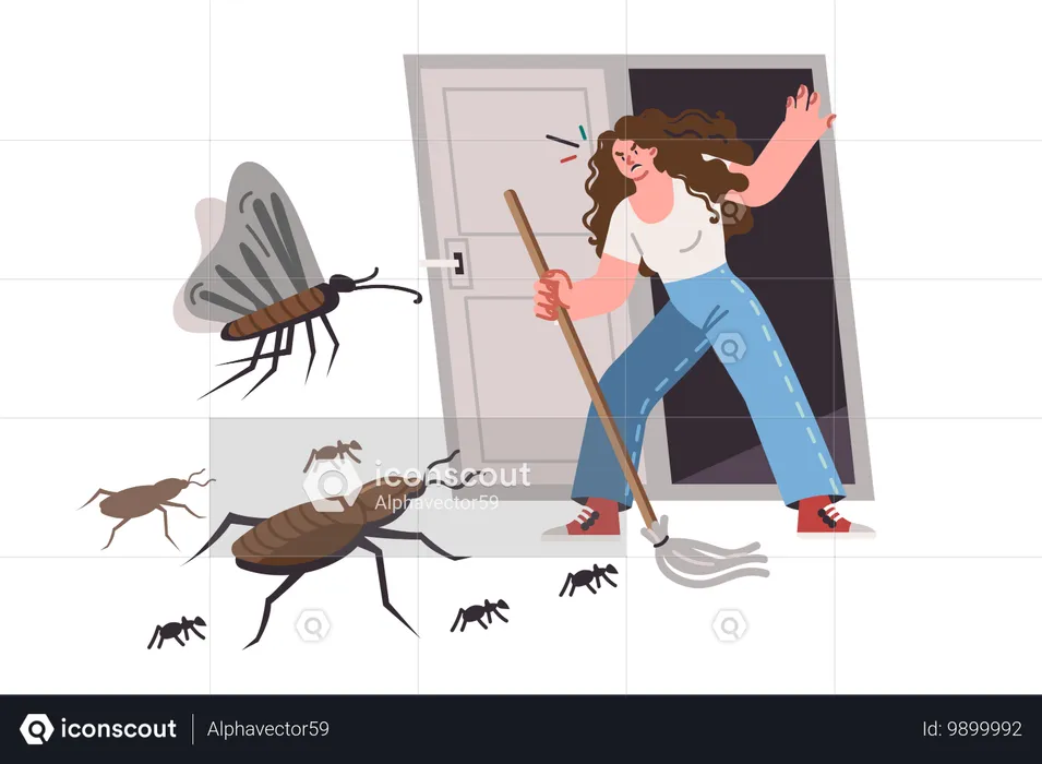 Insekten und Schädlinge befallen Frau beim Versuch, Wohnung nach gründlicher Reinigung oder Desinfektion zu betreten  Illustration