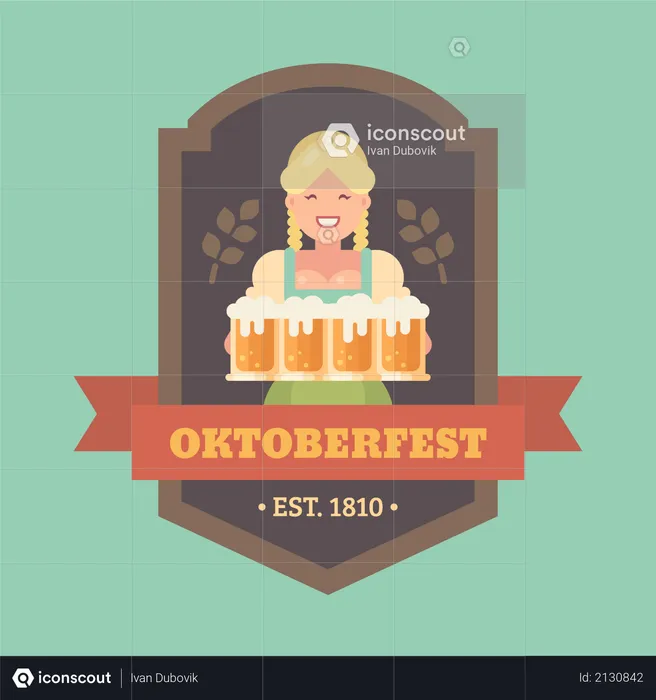 Insignia de ilustración plana de Oktoberfest con criada de cerveza rubia sosteniendo cuatro jarras de cerveza  Ilustración