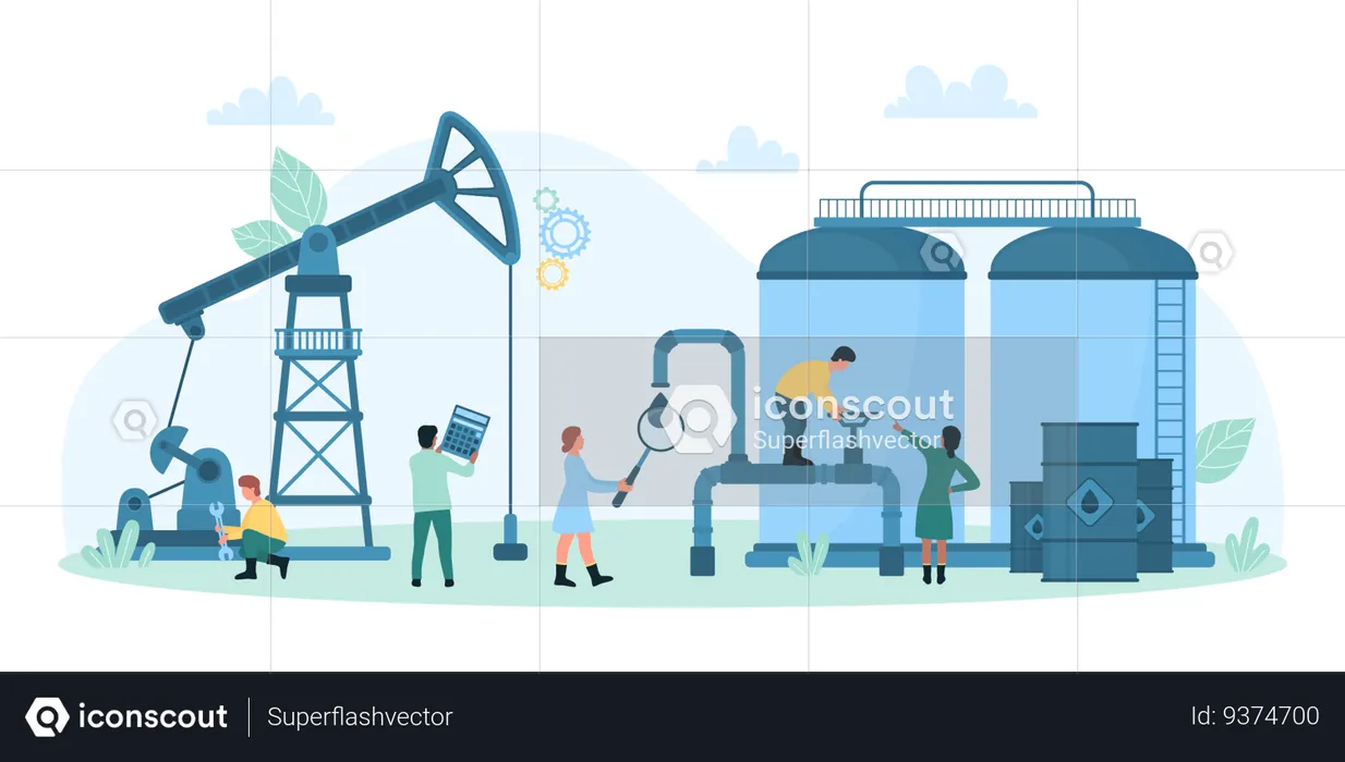 Inspeção de segurança de equipamentos da indústria petrolífera pelos trabalhadores verificam as instalações da fábrica  Ilustração