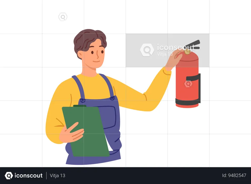 Inspector checks fire extinguisher on wall taking care of functionality of anti flame equipment  Illustration