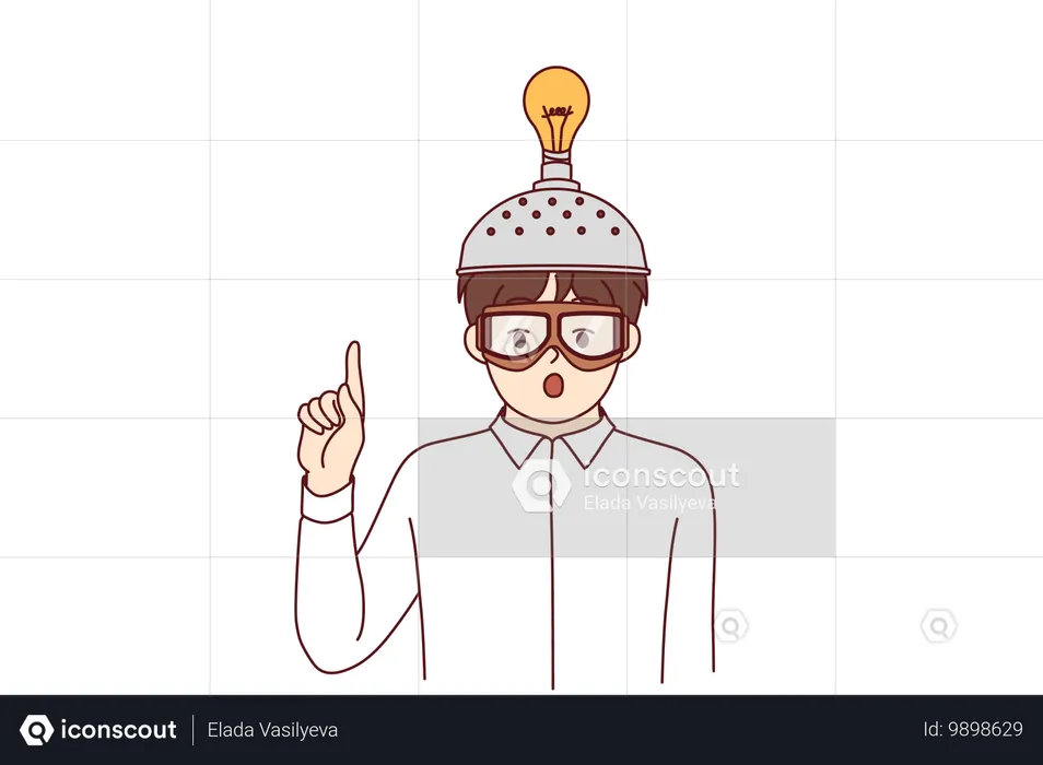 Inspired boy invented new idea and shows finger up standing with funny helmet with light bulb  Illustration