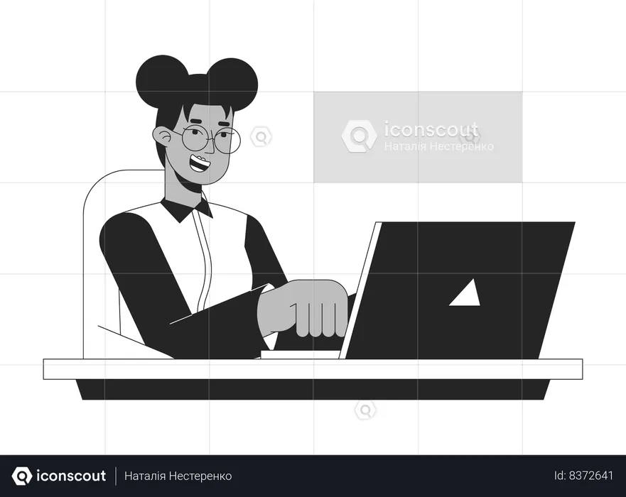 Inspired happy female employee typing laptop  Illustration