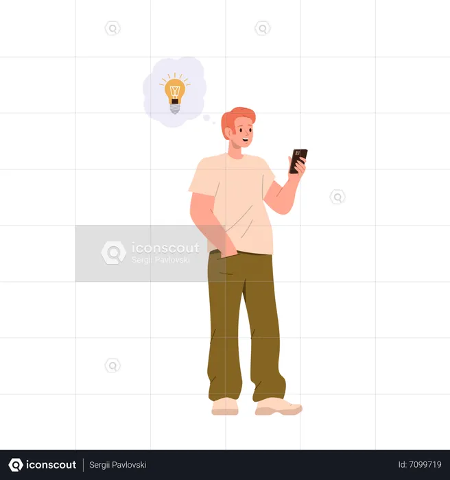 Inspired Young Man Holding Mobile Phone Looking At Screen And Having Brilliant Idea For Startup  Illustration