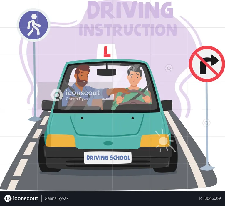 Instructor Guides Man Through The Basics Of Driving  Illustration