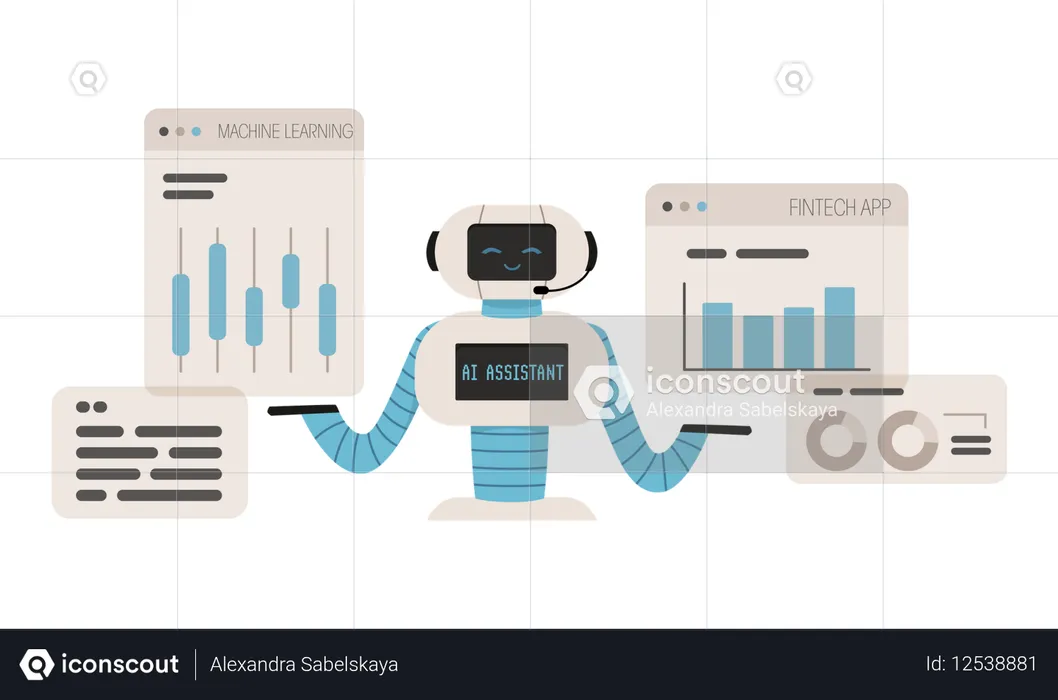 Robô assistente virtual de inteligência artificial usado em aprendizado de máquina e aplicativo fintech  Ilustração