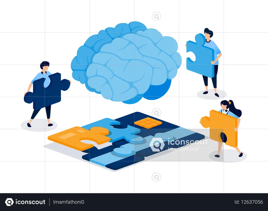 Inteligencia artificial o cerebro humano que resuelve el rompecabezas de las deudas de tarjetas de crédito y los problemas financieros  Ilustración