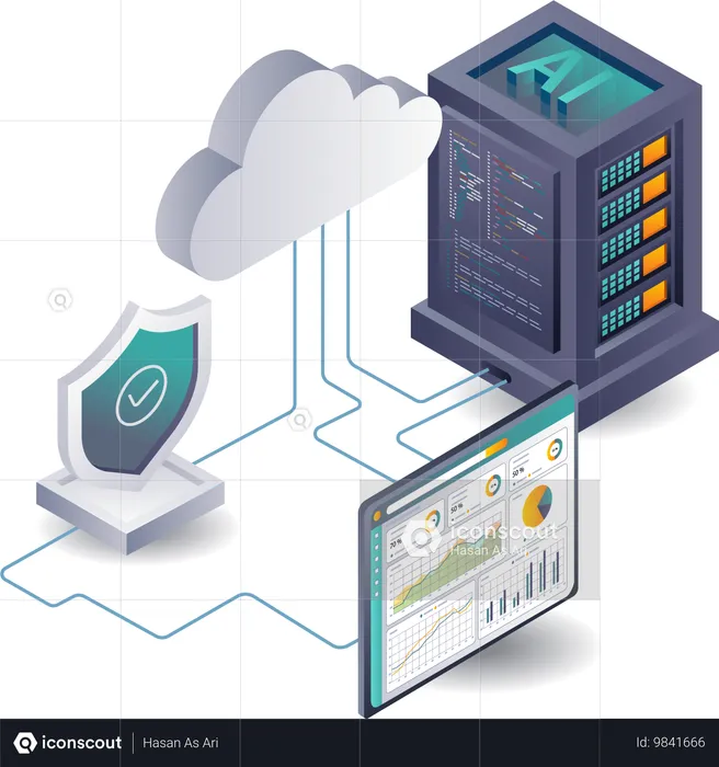 L'intelligence artificielle analyse les données du serveur cloud  Illustration