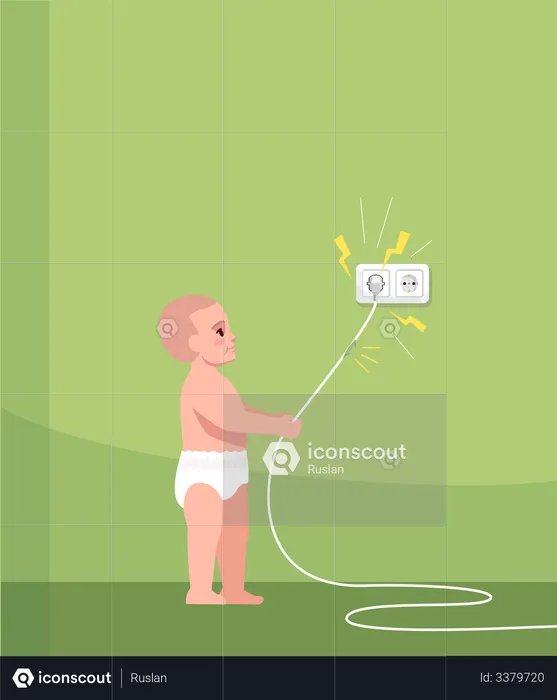 Interested child touches faulty wire  Illustration