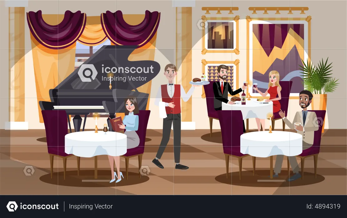 Interior do restaurante em um hotel com pessoas dentro  Ilustração