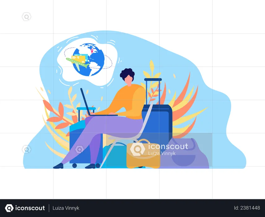 International Traveling with Baggage Woman Using Laptop, Searching Flights Timetable in Internet  Illustration